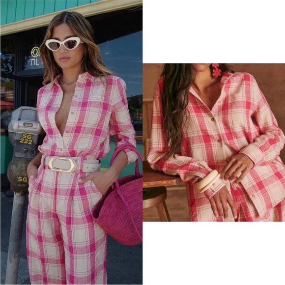Sezane Tomboy Button-Up Shirt Plaid Pink White Maxi Check Sz 6 NWT Linen Blend - Picture 1 of 11